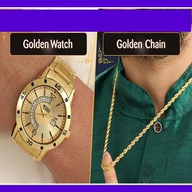 Golden Watch With Golden Chain Combo�